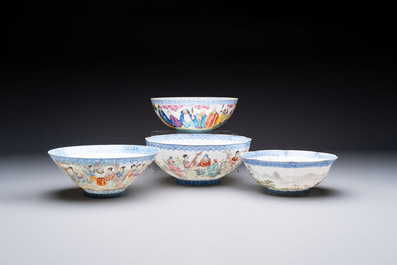 Four Chinese famille rose eggshell bowls with 'immortals' and 'landscape' design, Republic