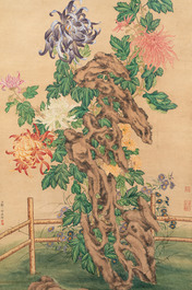Follower of Zou Yigui 邹一桂(1686-1772): 'Chrysanthemum', ink and colour on paper, 20th C.