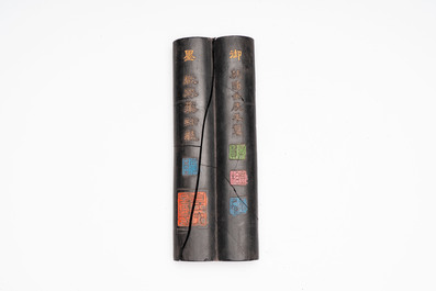 Two Chinese 'Poem' ink cakes, signed Cheng Junfang 程君房, Qianlong mark, one dated 1772, 18th C.