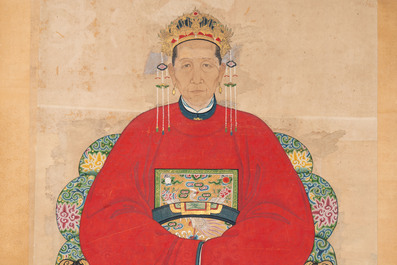 Chinese school: three ancestor portraits, ink and colour on paper, 19/20th C.