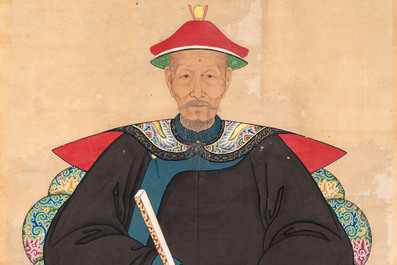 Chinese school: three ancestor portraits, ink and colour on paper, 19/20th C.