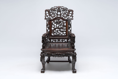 A richly carved Chinese hongmu 'dragon' armchair, Canton, 19th C.