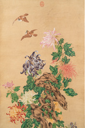 Follower of Zou Yigui 邹一桂(1686-1772): 'Chrysanthemum', ink and colour on paper, 20th C.