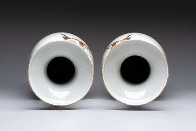 A pair of Chinese qianjiang cai 'birds among flowering branches' vases, signed Wang Yongyuan 汪永源, dated 1900