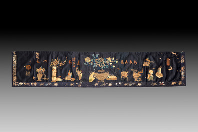 Four Chinese embroidered silk and felt altar panels, 19th C
