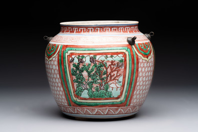 A Chinese wucai bowl with landscape panels, Transitional period
