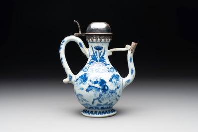 A Chinese silver-mounted blue and white 'Mongolian hunt' ewer, Transitional period