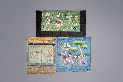 A group of 11 Chinese embroidered silk panels, purses and ornaments, 19/20th C.