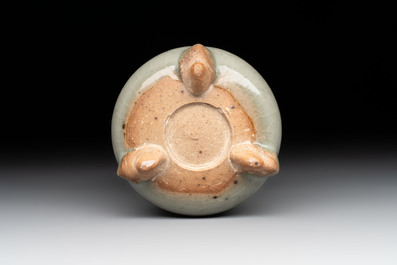 A small Chinese green-glazed 'jun' tripod censer, Hebi kilns, Song/Yuan