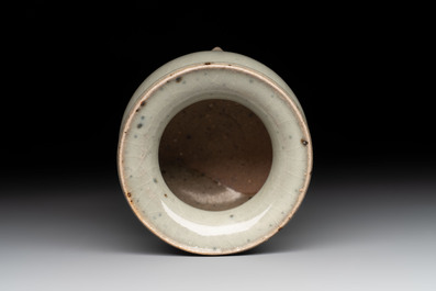 A small Chinese green-glazed 'jun' tripod censer, Hebi kilns, Song/Yuan