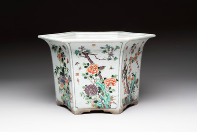 A rare Chinese famille verte hexagonal jardini&egrave;re with birds among flowering branches, double Fu mark, Kangxi