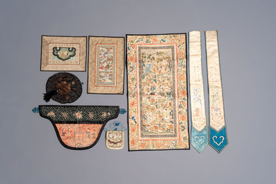 A group of 11 Chinese embroidered silk panels, purses and ornaments, 19/20th C.