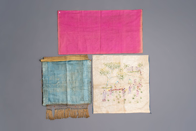 A group of 11 Chinese embroidered silk panels, purses and ornaments, 19/20th C.