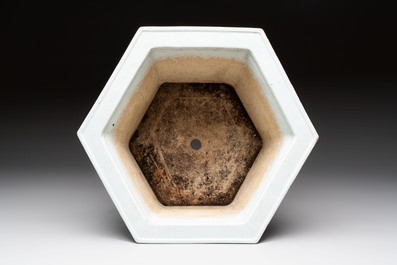 A rare Chinese famille verte hexagonal jardini&egrave;re with birds among flowering branches, double Fu mark, Kangxi