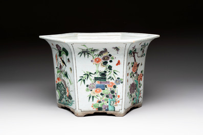 A rare Chinese famille verte hexagonal jardini&egrave;re with birds among flowering branches, double Fu mark, Kangxi