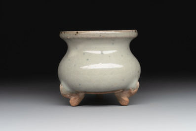 A small Chinese green-glazed 'jun' tripod censer, Hebi kilns, Song/Yuan