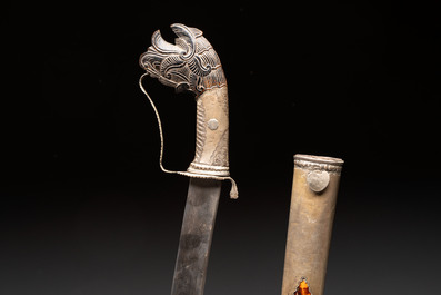 An Indonesian 'pedang palembang' sword with a silver-alloy-mounted and tortoiseshell-veneered scabbard, Sumatra, 19th C.