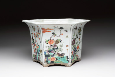A rare Chinese famille verte hexagonal jardini&egrave;re with birds among flowering branches, double Fu mark, Kangxi