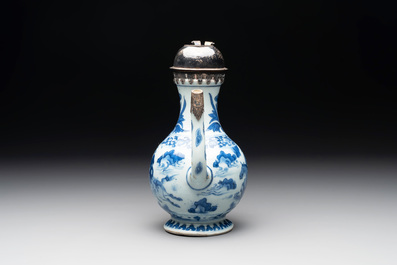 A Chinese silver-mounted blue and white 'Mongolian hunt' ewer, Transitional period