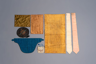 A group of 11 Chinese embroidered silk panels, purses and ornaments, 19/20th C.