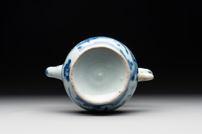 A Chinese silver-mounted blue and white 'Mongolian hunt' ewer, Transitional period