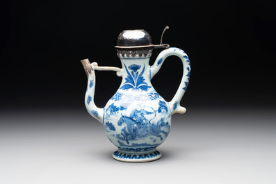 A Chinese silver-mounted blue and white 'Mongolian hunt' ewer, Transitional period