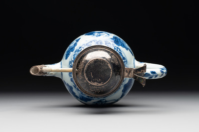 A Chinese silver-mounted blue and white 'Mongolian hunt' ewer, Transitional period