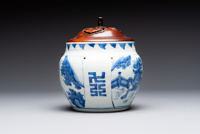 A Chinese blue and white 'qilin' jar and wooden cover, Transitional period