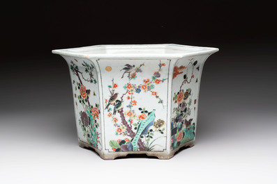 A rare Chinese famille verte hexagonal jardini&egrave;re with birds among flowering branches, double Fu mark, Kangxi