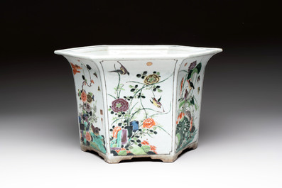 A rare Chinese famille verte hexagonal jardini&egrave;re with birds among flowering branches, double Fu mark, Kangxi