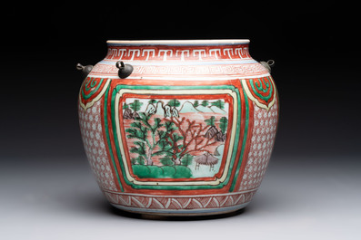 A Chinese wucai bowl with landscape panels, Transitional period