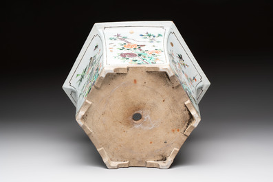 A rare Chinese famille verte hexagonal jardini&egrave;re with birds among flowering branches, double Fu mark, Kangxi