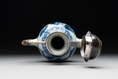 A Chinese silver-mounted blue and white 'Mongolian hunt' ewer, Transitional period