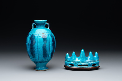 A Chinese turquoise-glazed brush rest and a Fahau vase, 18/19th C.