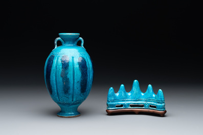 A Chinese turquoise-glazed brush rest and a Fahau vase, 18/19th C.