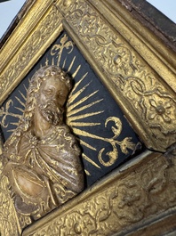 A rare rhombus-shaped Malines alabaster carving with the bust of Christ, attributed to Tobias Tissenaken, late 16th C.