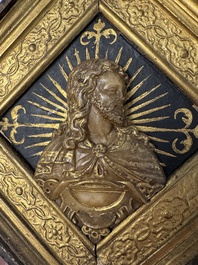 A rare rhombus-shaped Malines alabaster carving with the bust of Christ, attributed to Tobias Tissenaken, late 16th C.