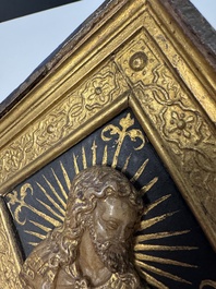 A rare rhombus-shaped Malines alabaster carving with the bust of Christ, attributed to Tobias Tissenaken, late 16th C.