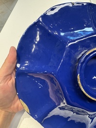 A Nevers white-splashed blue-ground '&agrave; la bougie' dish, France, late 17th C.