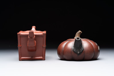 Seven Chinese Yixing stoneware teapots, two cups and a covered box, 20th C.
