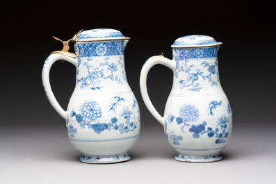 Two Chinese blue and white jugs and cover with floral design, Yongzheng/Qianlong