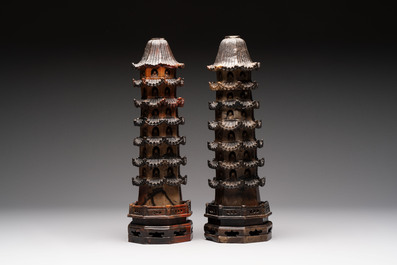 A pair of Chinese soapstone pagodas, 19/20th C.
