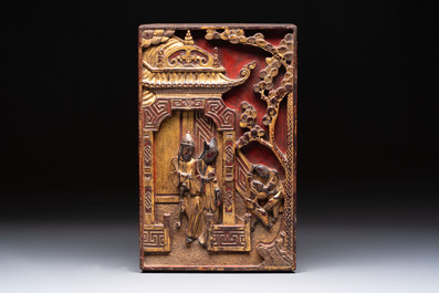 11 Chinese gilt-lacquered carved wooden panels with narrative design, 19th C.