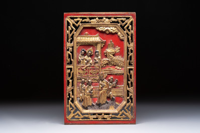 11 Chinese gilt-lacquered carved wooden panels with narrative design, 19th C.