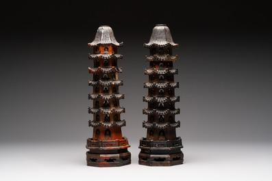 A pair of Chinese soapstone pagodas, 19/20th C.