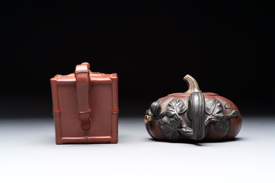 Seven Chinese Yixing stoneware teapots, two cups and a covered box, 20th C.