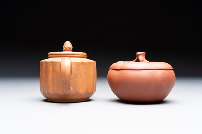 Seven Chinese Yixing stoneware teapots, two cups and a covered box, 20th C.