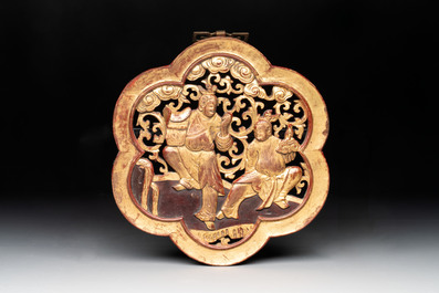11 Chinese gilt-lacquered carved wooden panels with narrative design, 19th C.