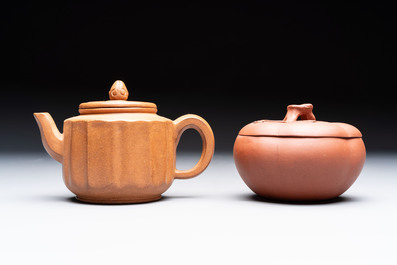 Seven Chinese Yixing stoneware teapots, two cups and a covered box, 20th C.