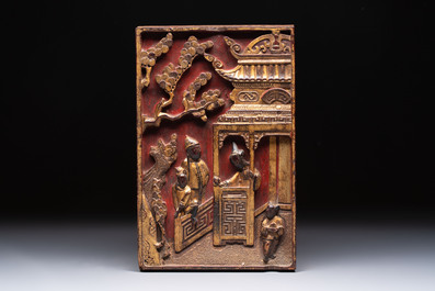 11 Chinese gilt-lacquered carved wooden panels with narrative design, 19th C.
